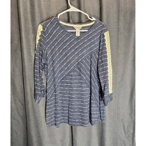 Multiples Striped Tunic Top Crochet Sleeve Detail Blue White Size‎ M